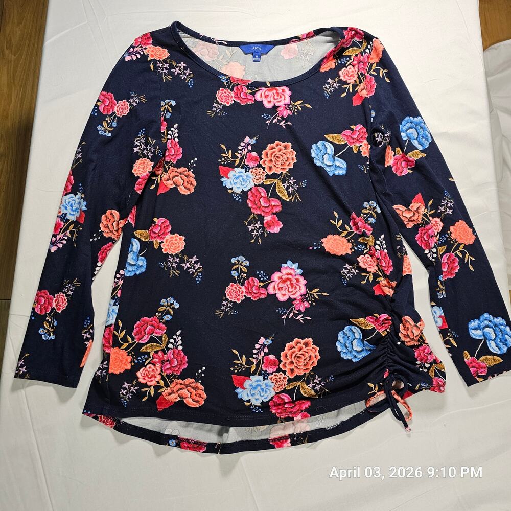 Apt 9 Floral Blouse Ruched Side 3/4 Sleeve Navy Pink Top Women’s Medium